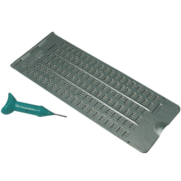 Pocket Braille Slate (Pins Up), Heavyweight Metal, Slotted for Labeling Tape,  with Large Handle Stylus