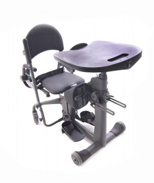 Evolv in seated position with optional accessories Flat Back, Velcro Positioning Belt, and Foot Straps