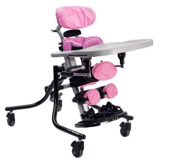 Squiggles Stander shown with Mobility Base, Contoured Headrest, Knee Cups, Sandals, and Tray (some accessories must be purchased separately)