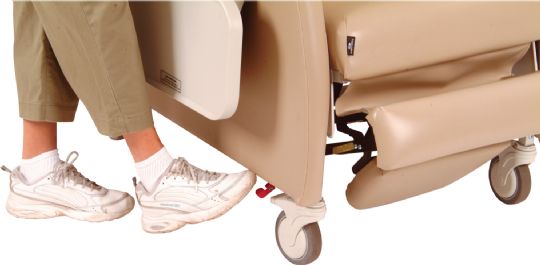 A foot control controls the opening of the arm. 