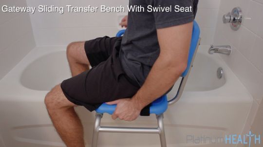 The Swivel Seat on the Gateway Sliding Tub Transfer Bench allows users to sit facing left or right.