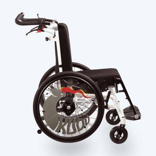 Shown with one-piece angle-adjustable push bar, spoke protectors, and two-piece adjustable footrests