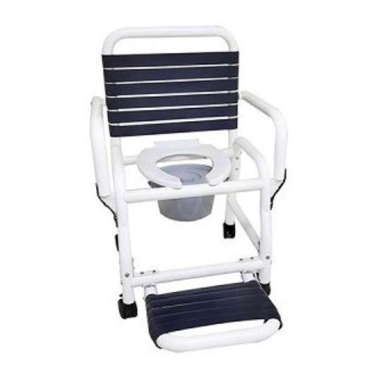 18in. wide Seat with Soft Touch Folding Footrest, Open Front Hard Seat, Double Drop Arms, and 7.5 qt Commode Pail, and 3in. Locking Casters 