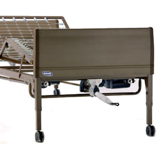 The hospital bed features a motor that raises and lowers the upper body section or knees, and adjustable overall bed height that can be set manually with a crank.