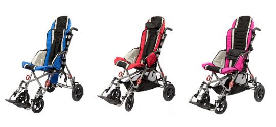 Trotter Mobility Chair Comes in Jet Fighter Blue, Fire Truck Red, and Punch Buggy Pink (Left to Right)