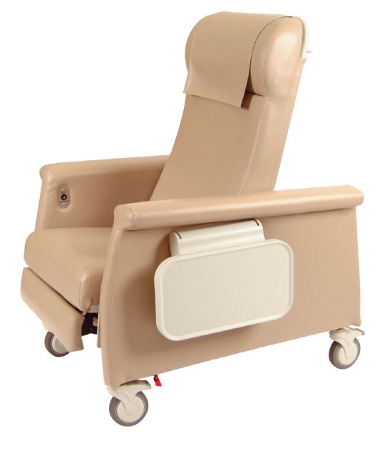 Left view of the geri chair with the tray in a down position. 