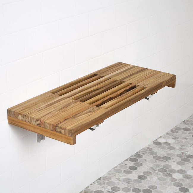 Teak Wall Mounted Fold Down Shower Bench with Slats