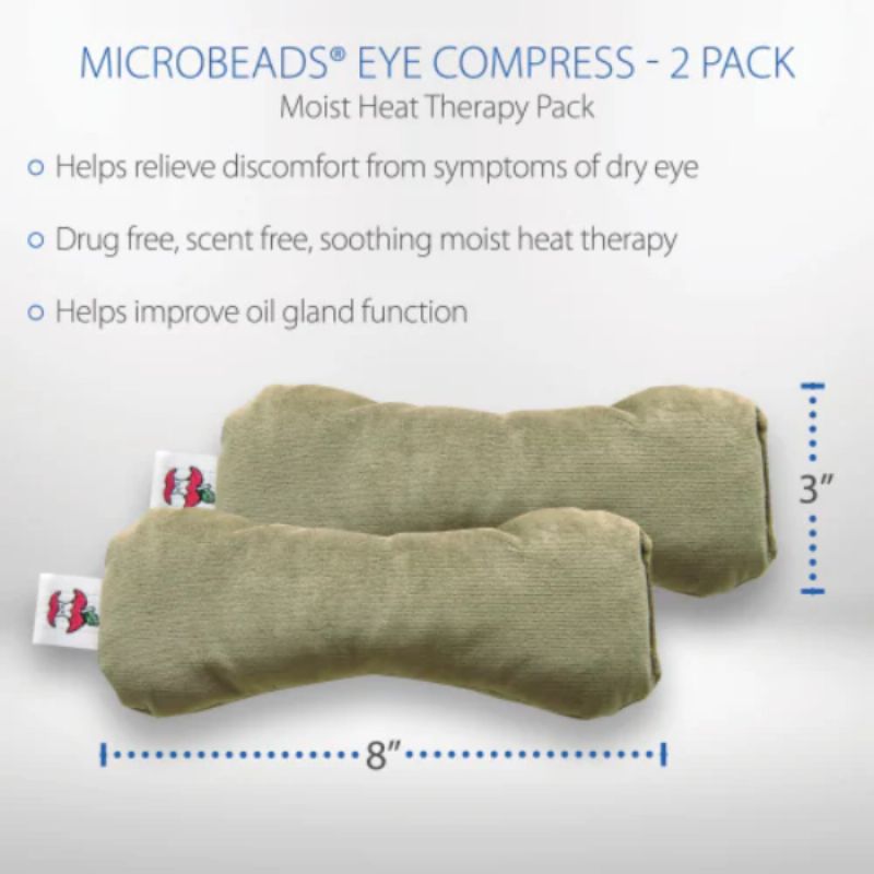 MicroBeads Dry Eye Compress moist Heat Pack picture shows the 2-pack and the dimensions
